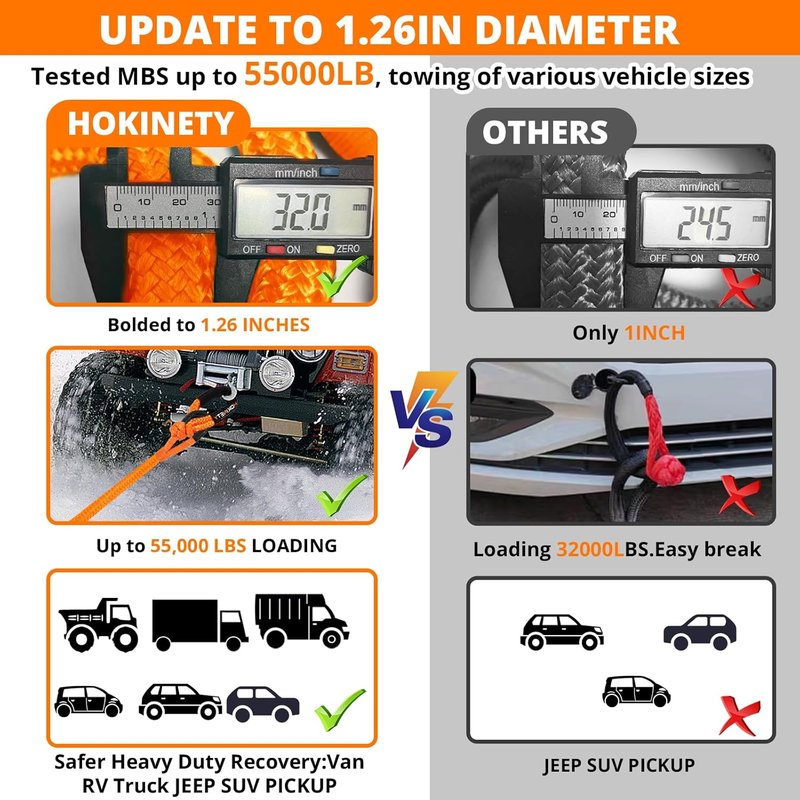Kinetic Recovery Tow Rope - 1.26" x 30ft Heavy Duty Snatch Strap Kit for Trucks, SUVs, ATVs | Orange