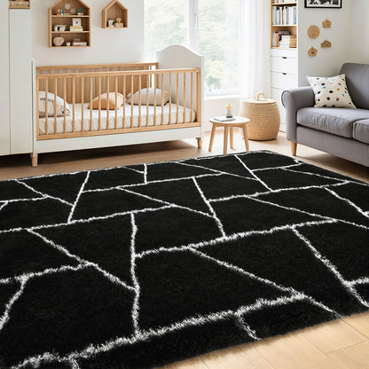 FALARK Fluffy Area Rugs for Living Room Bedroom, Modern Geometric 4x6 Feet Black Rug, Soft Plush Shaggy Fuzzy Floor Bedside Carpet for Nursery Kids Girls Boys Teen Dorm Home Office Decor