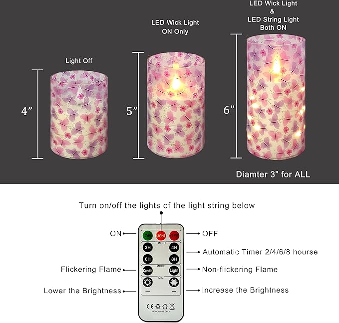 Flickering Flameless CandlesPink Butterfly Print, Embedded Star String Lights, Battery Operated Acrylic LED Pillar Candles with 11-Key Remote and Timer for Home Decoration, 3 Pack