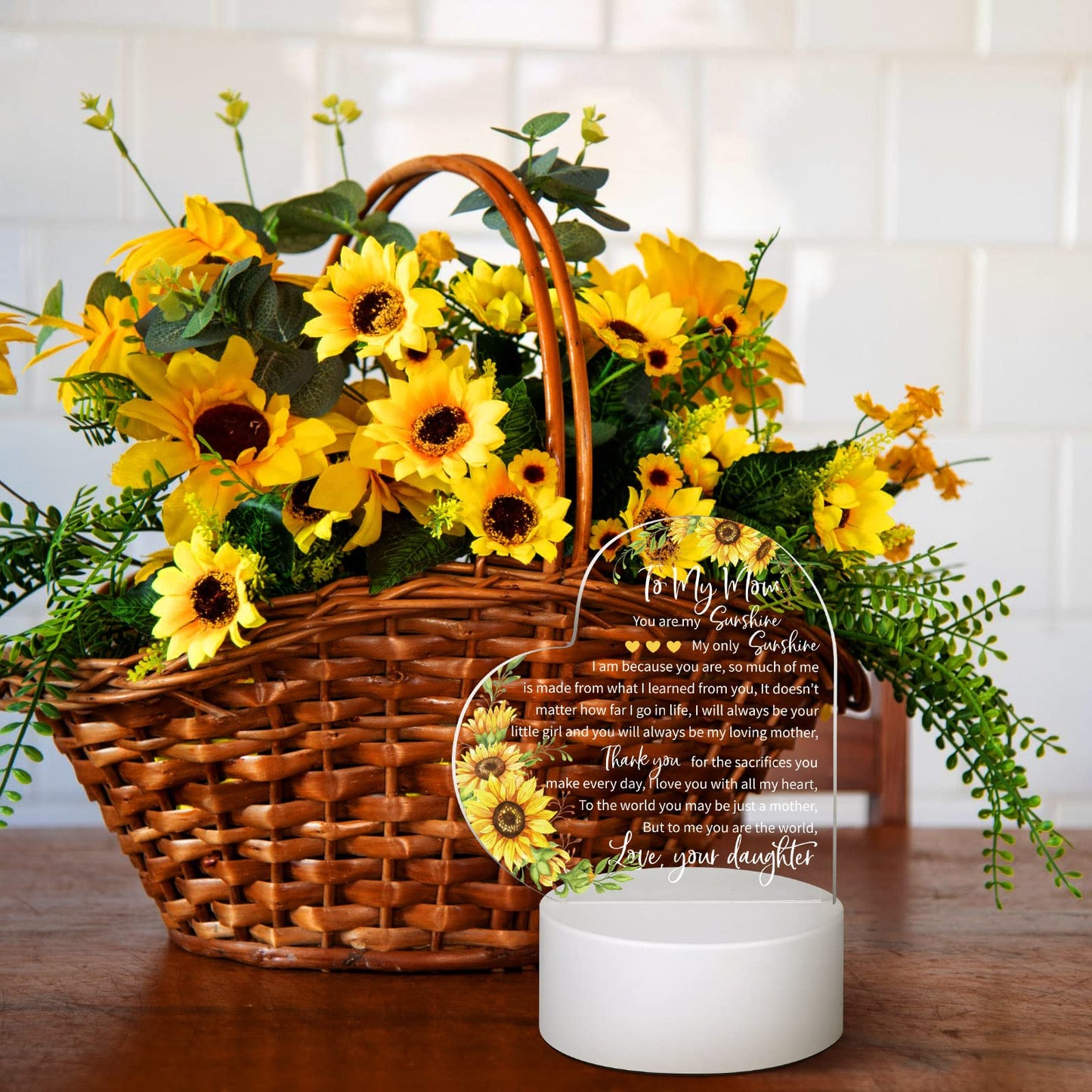 Jetec Mothers Day Birthday Gifts from Daughter Son Christmas Thank You Gift for Mom Sunflower Engraved Acrylic Heart Lamps USB Low Power Night Light Table Decor(to My Mom)