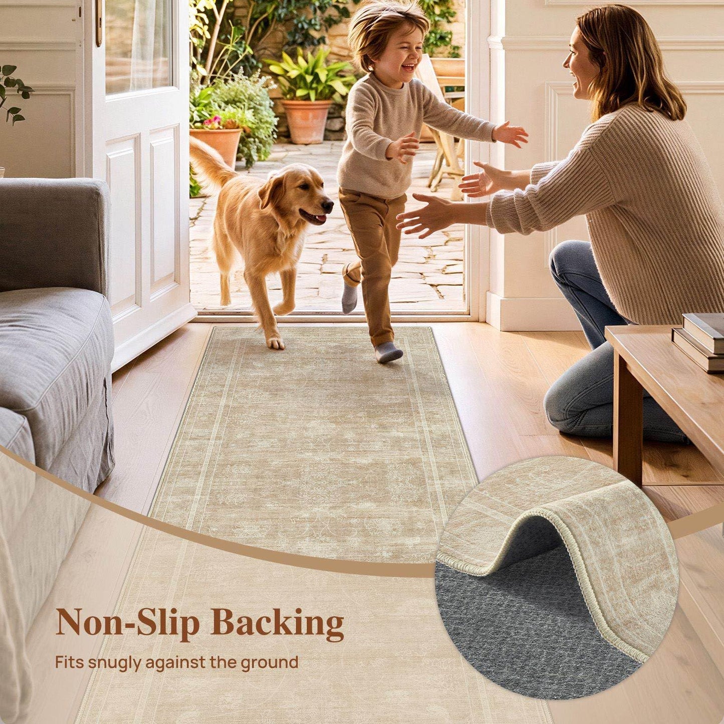 UERMEI 2x6 Machine Washable Runner Rug: Vintage Non Slip Low-Pile Stain-Resistant Hallway Floor Carpet, Soft for Entryway Kitchen Bathroom, Kid Pet Safe Robot Vacuum Friendly - Brown