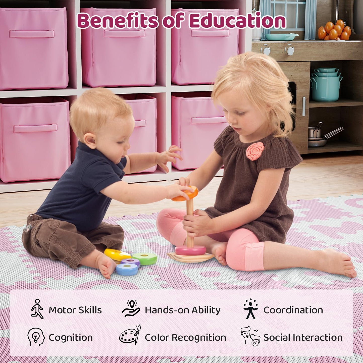 HONEY JOY Foam Floor Tiles for Kids, 12.5” x 12.5” EVA 26-Piece Interlocking Alphabet Puzzle Play Mat, Non-Slip Large Soft Carpet Rug, Easy to Clean, for Baby Crawling Exercise, Playroom (Pink)
