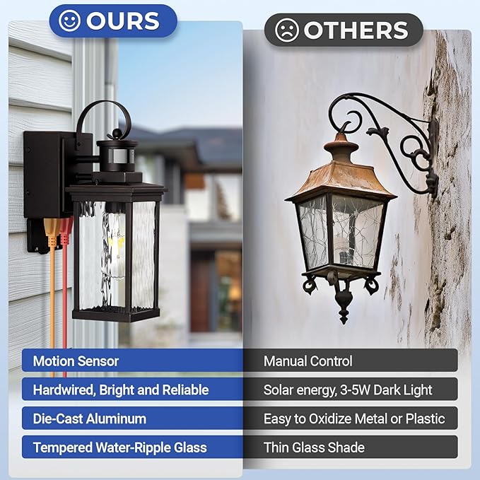 Outdoor House Lights Wall Mount with GFCI Outlet, Oil-Rubbed Bronze with Gold Trim Farmhouse Exterior Lighting Fixtures for Porch, Garage, 100% Aluminum Anti-Rust Front Door Light Motion Sensor