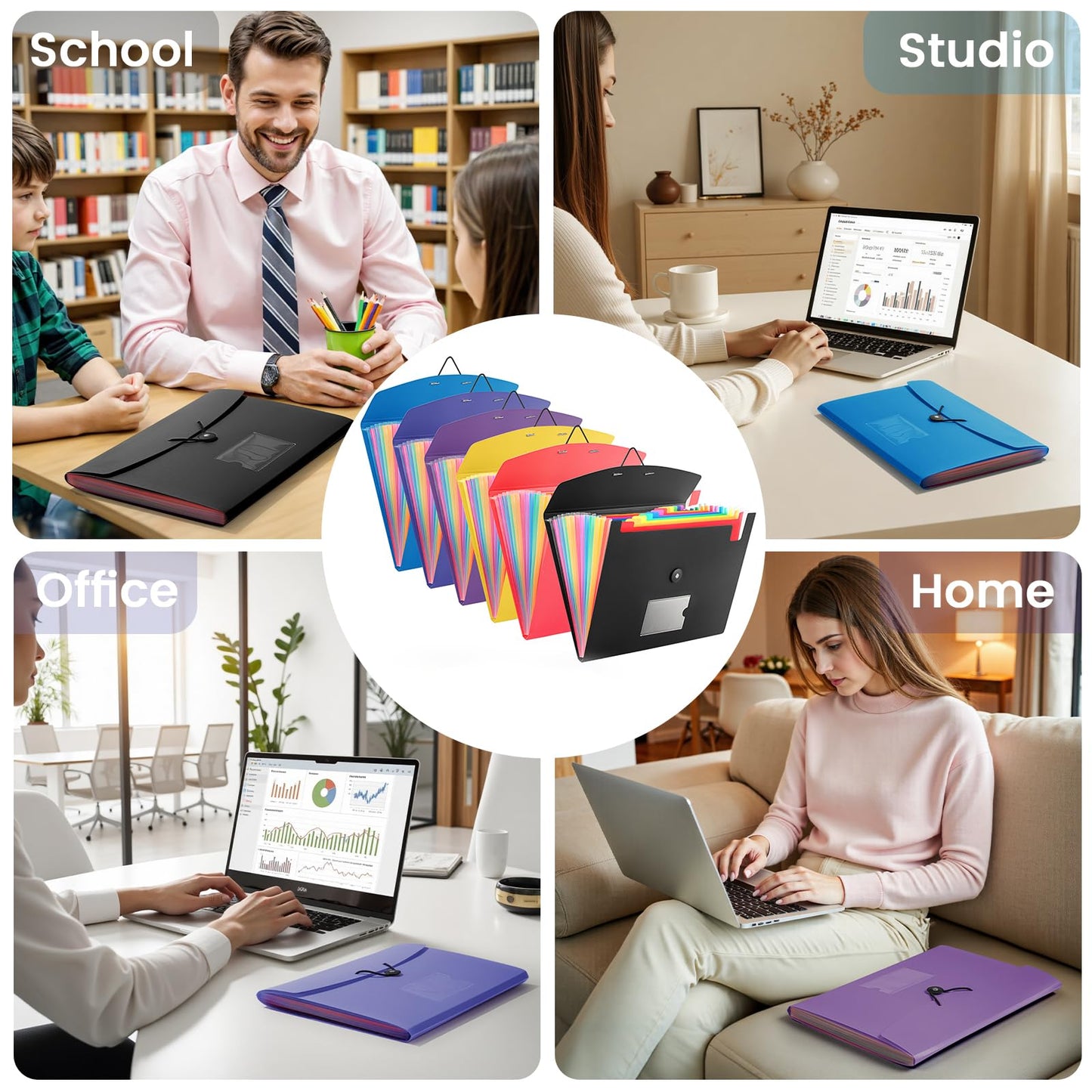 6 Pack Accordion File Organizer with Labels, 13 Pocket Expanding File Folder for Letter Size A4 Papers, Ideal for Home, Office Supplies, College Essentials
