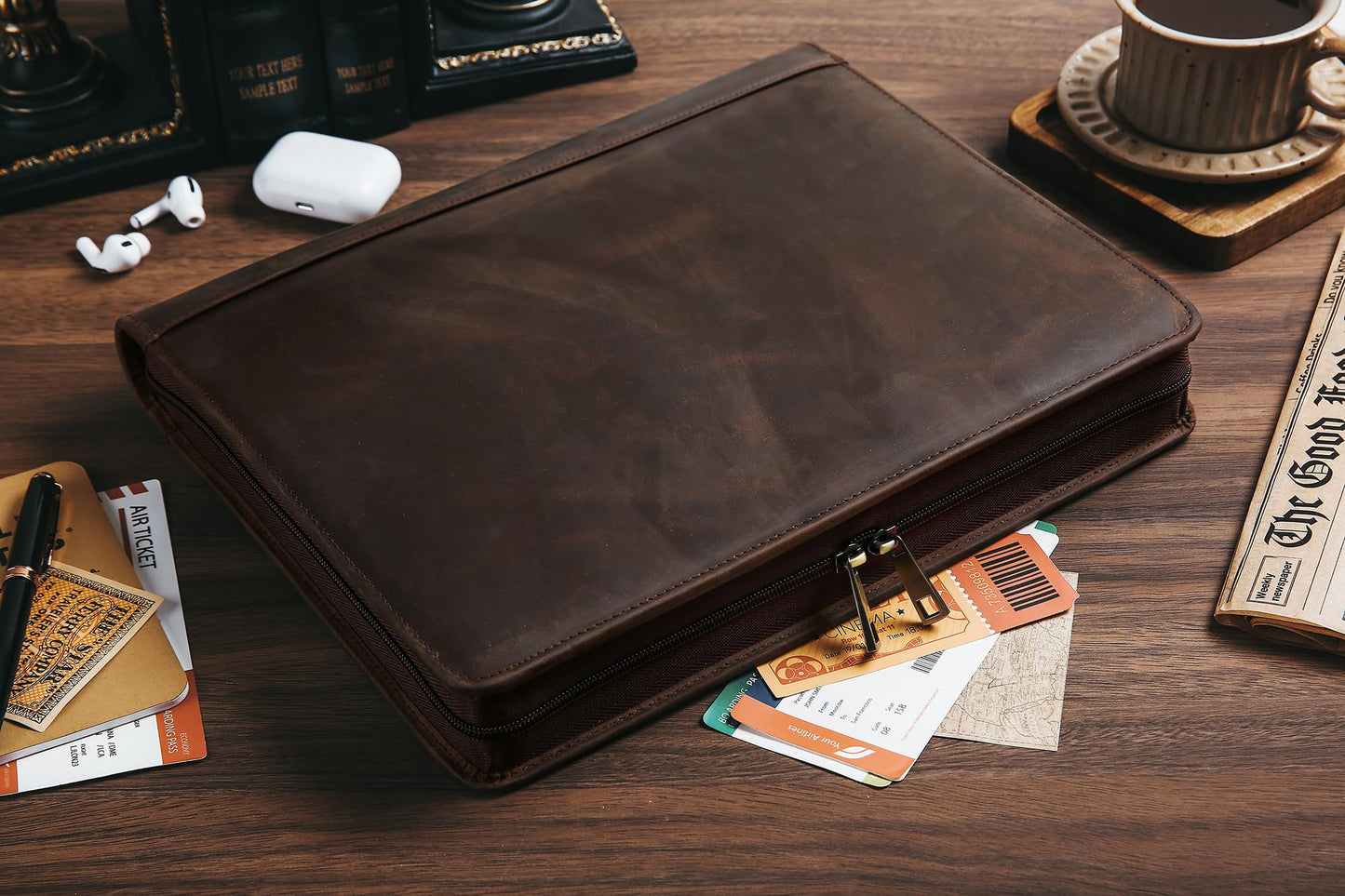 Handmade Genuine Leather Portfolio Organizer for IPad/Document, Business Padfolio with A4 Leather Notepad Holder, Leather Compact Folder Conference Portfolio for Men and Women, Dark Khaki