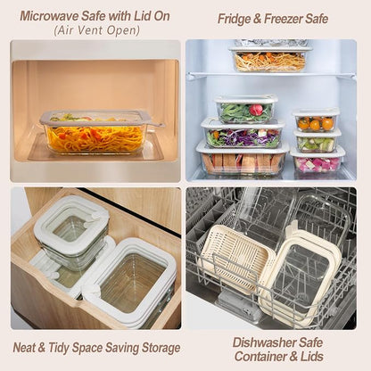 Urban Green Glass Food Storage Containers with Glass Lids, Microwave Safe Food Container Set, Aitight Meal Prep Container Set, BPA Free, 3 extra Colanders, LeakProof, 3 Pack of 35oz