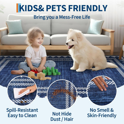 Garvee Washable 9x12 Area Rug Modern Solid Living Room Rug, Large Bordered Rugs for Bedroom Neutral Carpet 9 x 12 Rugs for Farmhouse Dining Room Non-Slip Stain Resistant Under Table Blue Rug