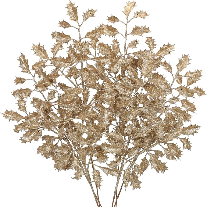 DILATATA 6Pcs Christmas Glitter Leaves Holly Leaves 23" Artificial Champagne Holly Leaf Picks Sprays Giltter Stems for Christmas Tree DIY Xmas Wreath Garland Home Decor - Champagne