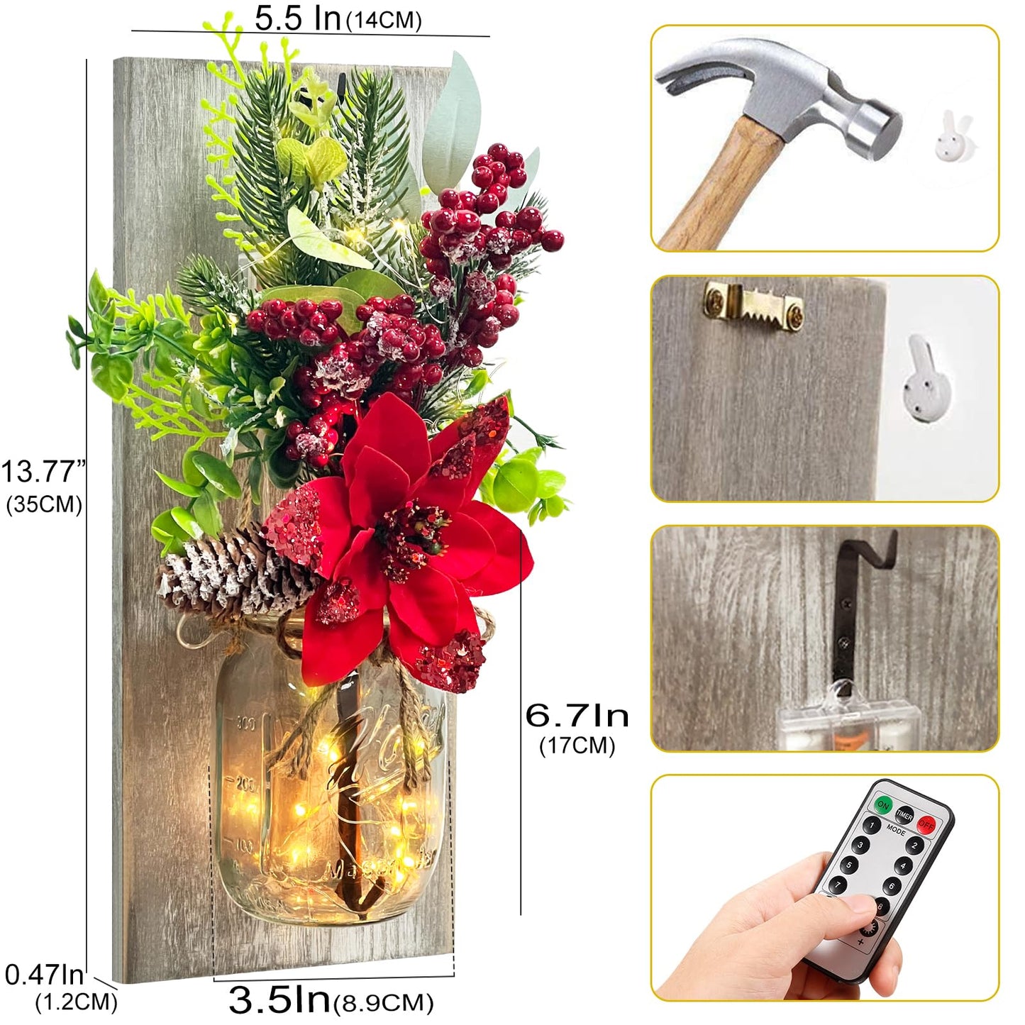 Mason Jars Sconce Decor Rustic Wall Sconces Handmade Wall Art Hanging Design with Remote Control LED Fairy Lights and Red Berry, Xmas Farmhouse Wall Home Decor Living Room Lights Set of Two