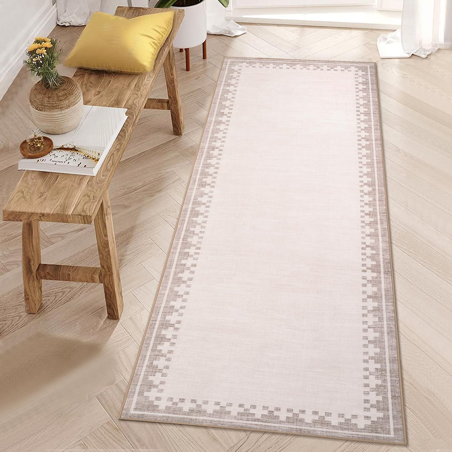 GarveeHome 2x6 Washable Entryway Hallway Runner Rug with Non Slip Back Cross Bordered Low Pile Living Room Bedroom Bathroom Carpet Modern Geometric Neutral Indoor Rugs, Light Camel/Seashell