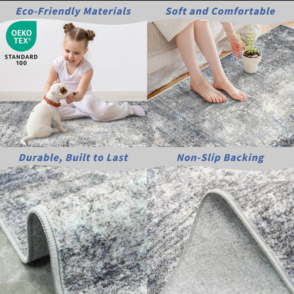 3x5 Washable Entryway Rug – Non-Slip Rubber Backed Small Area Rug for Kitchen, Bedroom, Living Room, Office – Soft Low-Pile Thin Modern Abstract Neutral Throw Rug （Blue Gray,3x5）