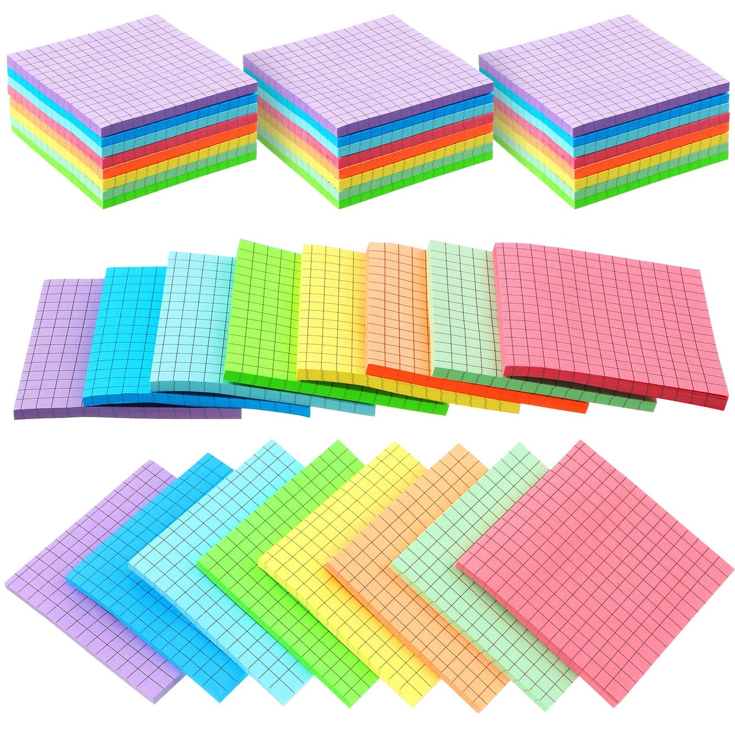 Geosar 24 Pack Lined Grid Sticky Notes 3 x 3 Inch Note Colorful Self Stick Notes Power Memo Pads Strong Adhesive Self Stick Note for Gifts School Office Supplies 8 Colors (Macaron Color)