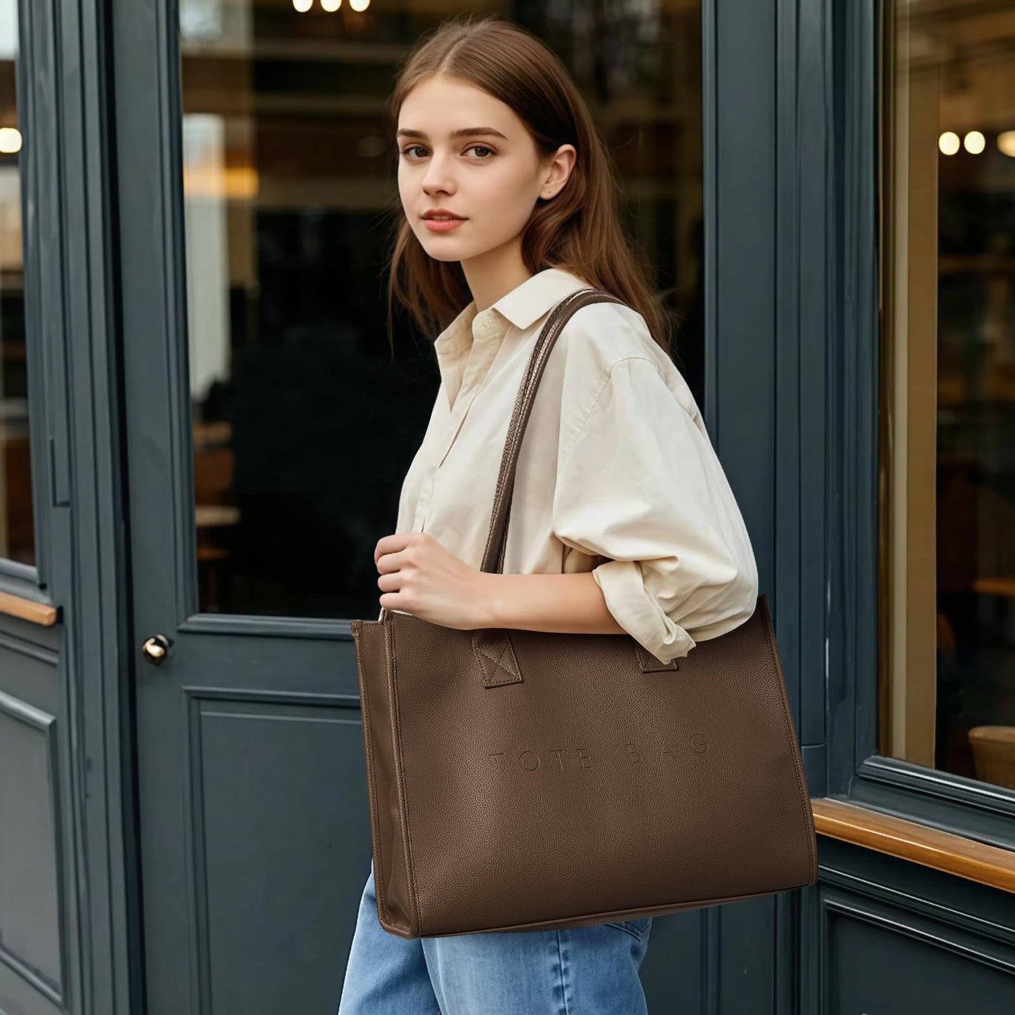 KALIDI Oversize Pu Leather Tote Bag Women Weekender Bag Shopper Handbags Purses with Top Handle