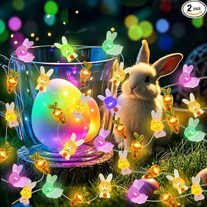Easter Decorations Bunny Carrot String Lights, 16 ft 50 LED Spring Rabbit Lights for Lawns Garden Outdoor Holiday Party Easter Basket Stuffers (2 Pack)