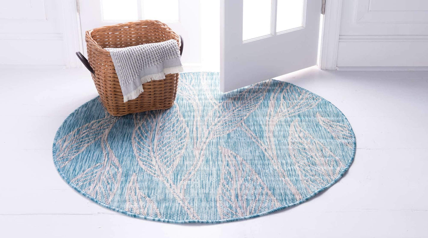 Unique Loom Outdoor Botanical Collection Area Rug - Leaf (4' 1" Round, Light Aqua/ Ivory)