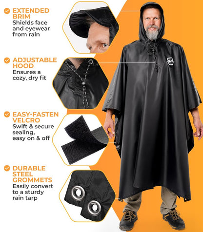 Foxelli Rain Poncho for Adults – Extra Long Reusable Waterproof Raincoat with Hood, Lightweight for Hiking, Camping, Outdoors