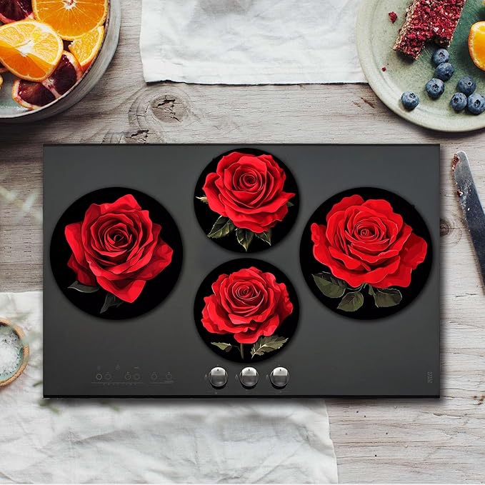 Red Rose Electric Stove Burner Covers，Set of 4 Round Stove Burner Covers，8 Inches and 10 Inches，Gas Stove Burner Covers,Metal Stove Burner Cover，Rose Bloom Cooktop Decorative，Home Decor,Kitchen Decor