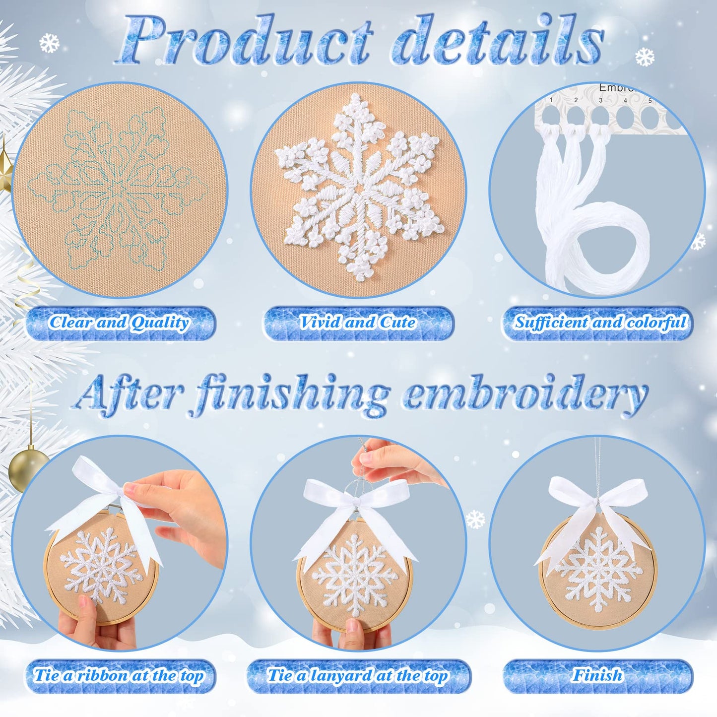 Roowest 6 Sets Christmas Embroidery Kits for Beginners Adults Winter Snowflake Cross Stitch Embroidery Ornament Kit DIY Craft Needlepoint Set with Pattern Instructions Thread Needle Ribbon(Tan)
