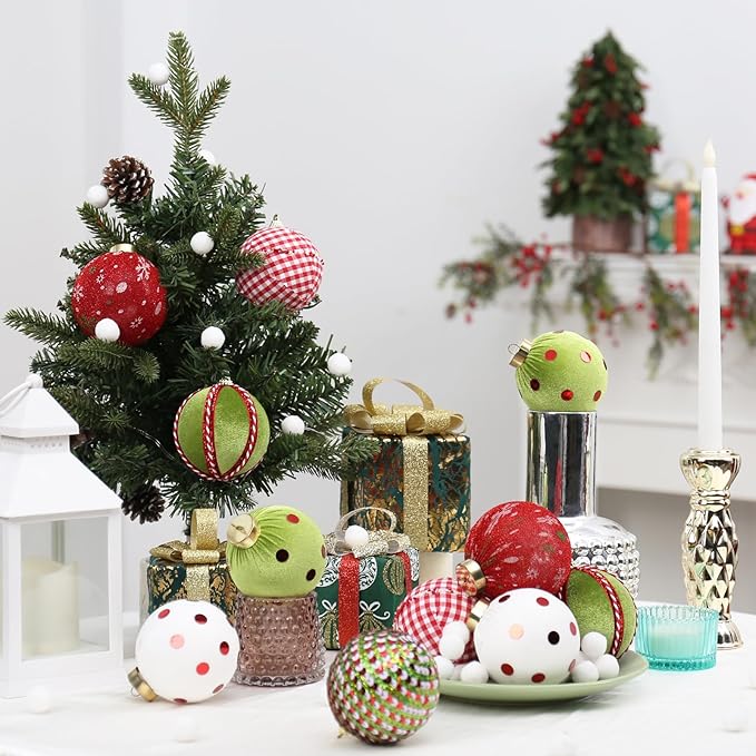 80MM/3.14" Velvet Christmas Ball Ornaments, 12PCS Shatterproof Flocking Foam Ornaments Set for Christmas Tree Hanging Decorations, for Home Holiday Party Indoor Xmas Decor. (Red/Green/White)