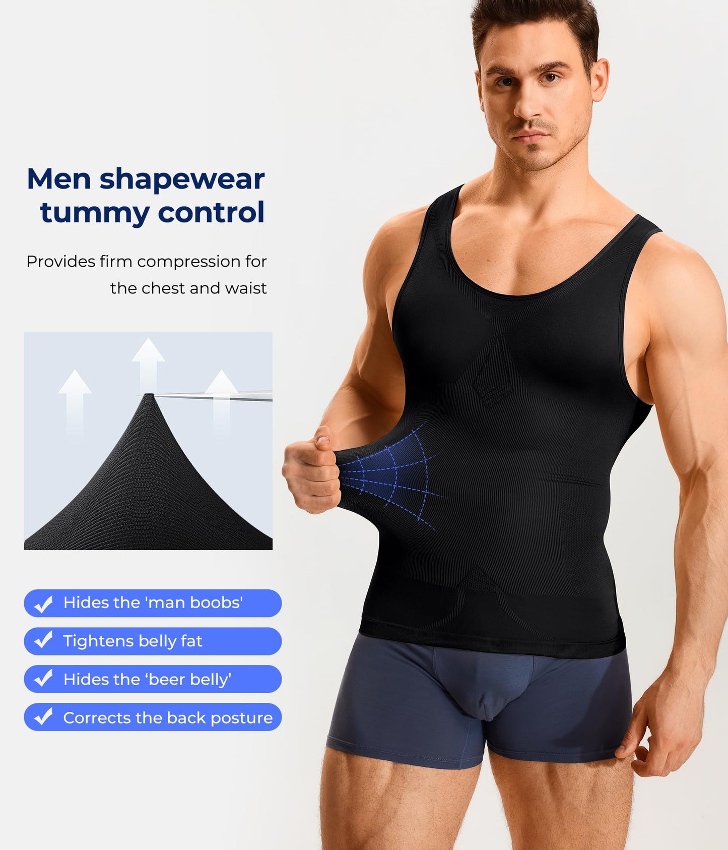 TAILONG Men's Compression Shirt - Slimming Body Shaper, Waist Trainer, Workout Tank Top, Abdomen Undershirt (Black, Medium-Large)