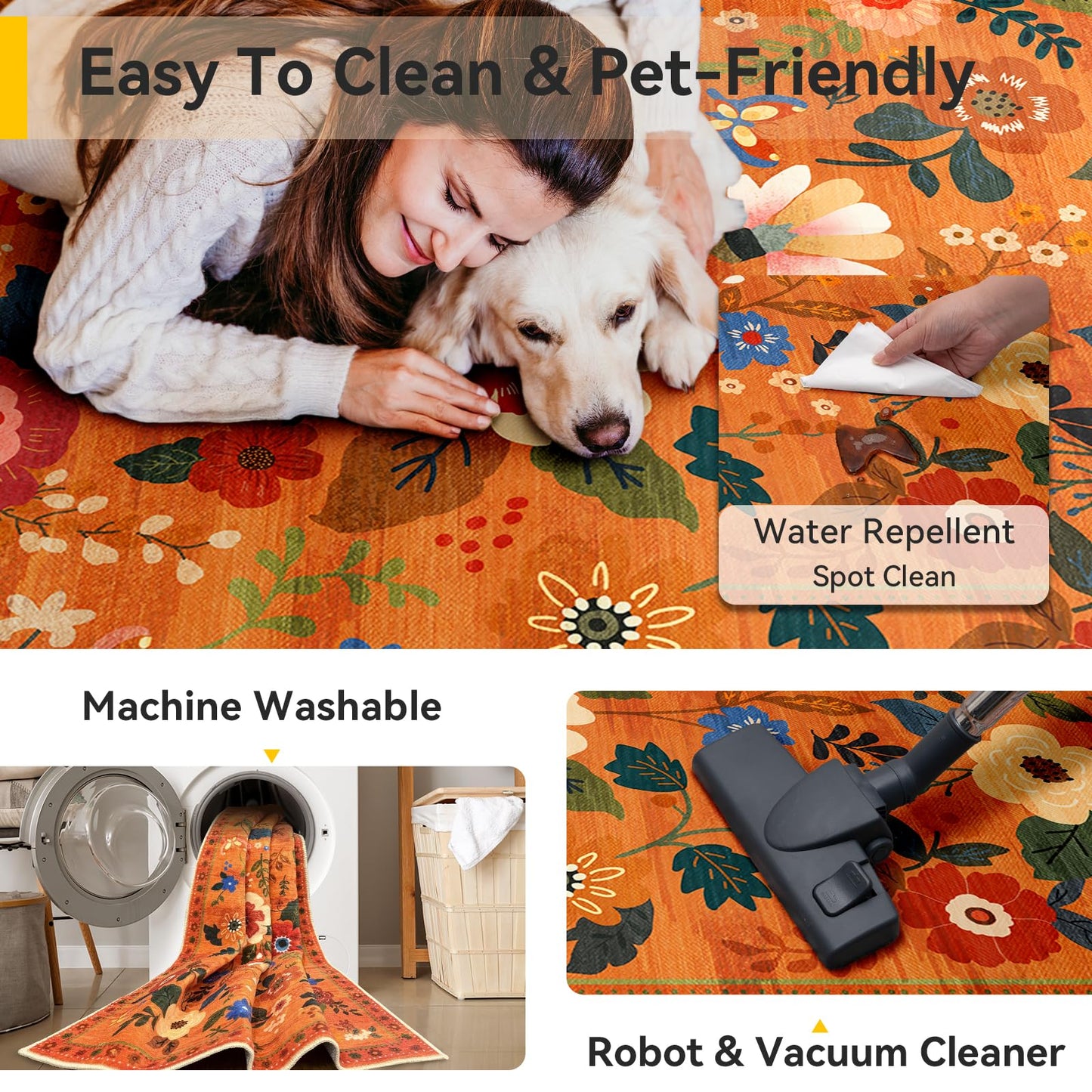 RELEANY Floral 5x7 Area Rugs Washable Print Boho Cute Carpet Non Slip Flower Low Pile for Living Room Bedroom Kitchen Office Farmhouse-Burnt Orange