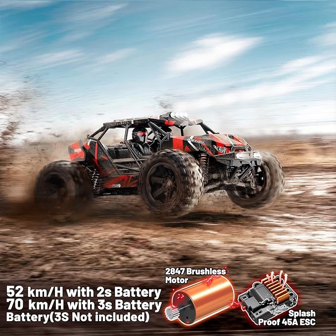 RC Cars 1/14 Brushless RC Car for Adults&ampBoys Full Roll-Cage Frame 4WD Fast Max 42mph Remote Control RC Trucks for adults with Two 2S LiPo Batteries and Two sets of tires Compatible with 3S Li