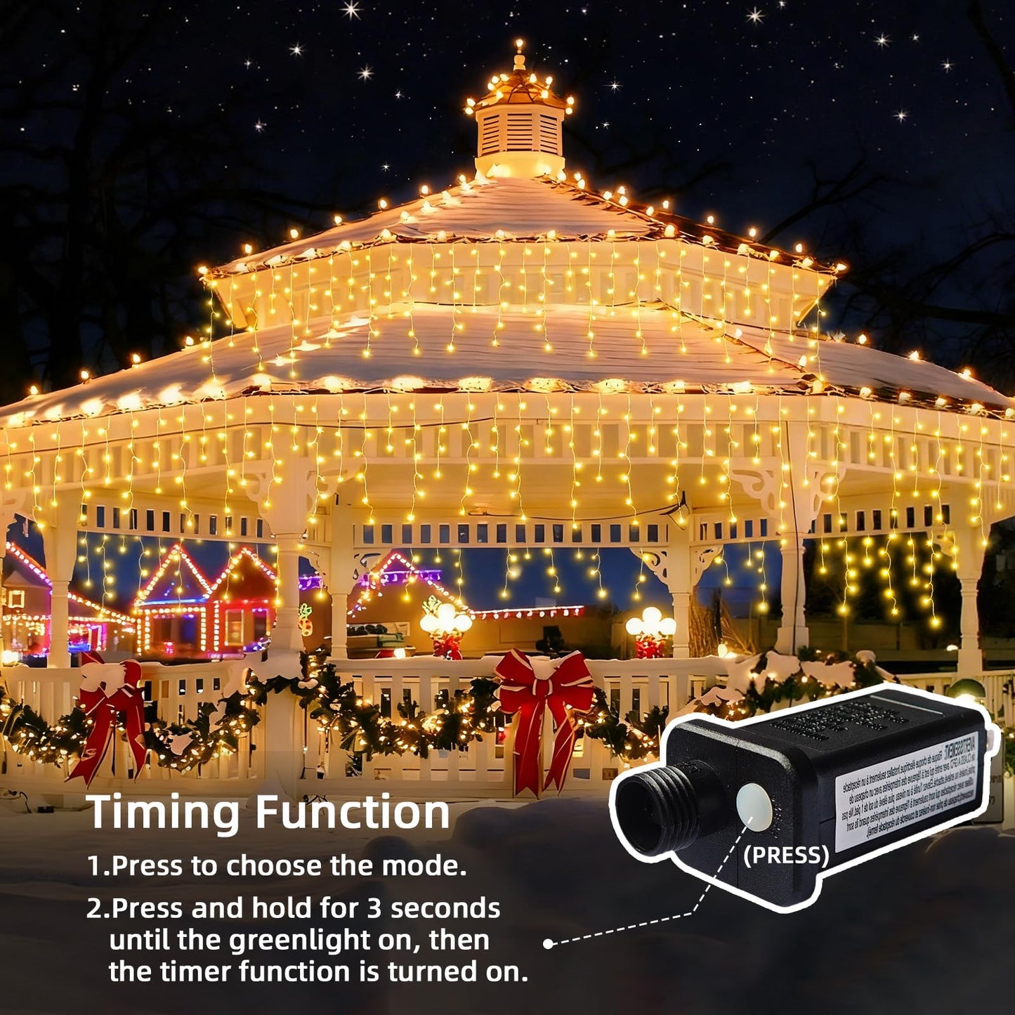 BYIZO Christmas Outdoor Icicle Lights - 200 LED 21+16 FT 8 Modes Curtain Fairy String Light Plug in, Waterproof for Eaves Yard Holiday Xmas Holiday Indoor Outdoor Decoration - Warm White