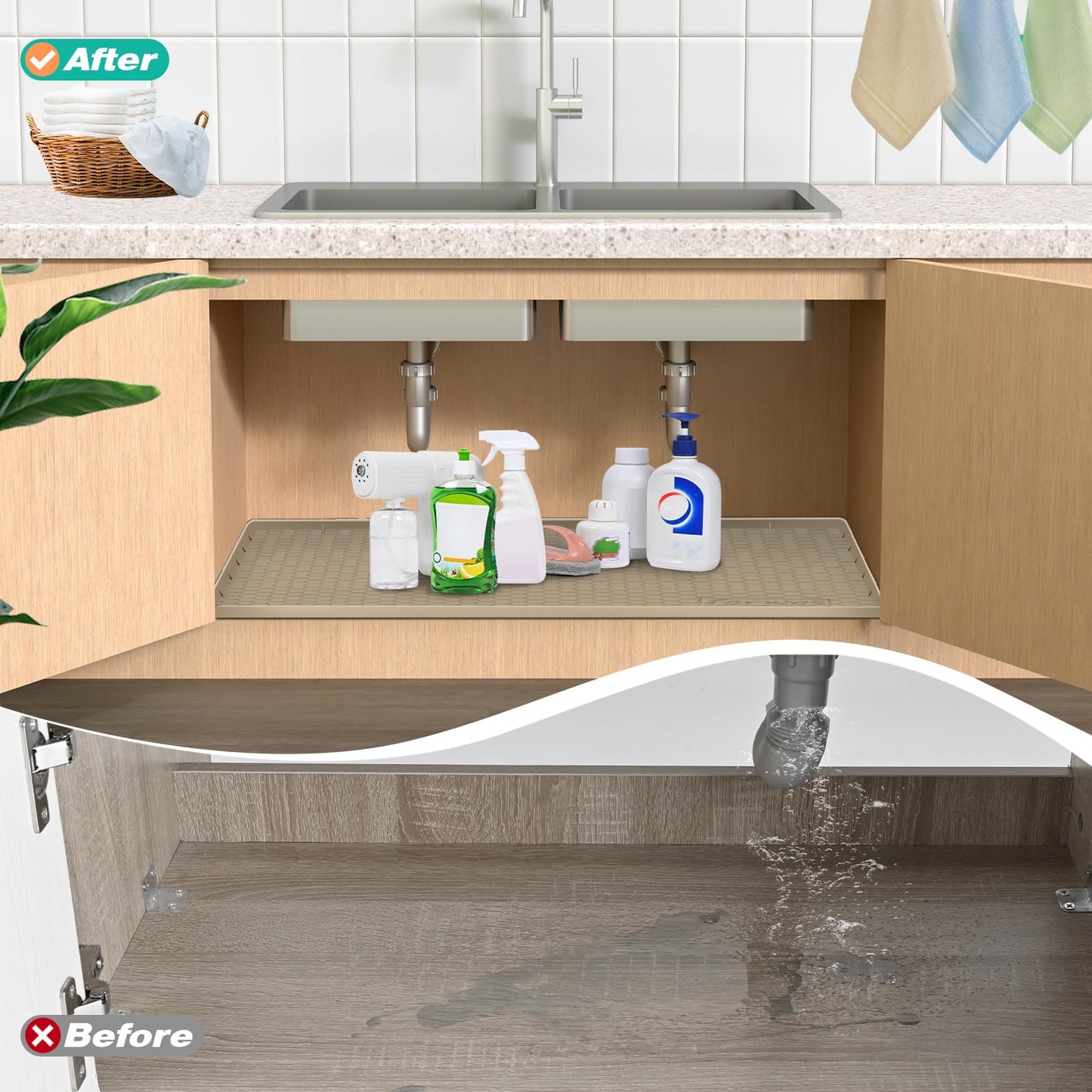 FORWOS Waterproof Under Sink Mat 22" x 19", Silicone Cabinet Liner, Rubber Protector for Kitchen and Bathroom, Keeps Cabinets Clean, Dry, and Organized (Khaki)