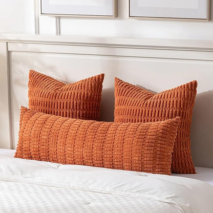 Fancy Homi Burnt Orange Long Body Lumbar Decorative Throw Pillow Cover 20x54 Inch for Bedroom Couch Bed Sofa, Farmhouse Boho Fall Room Decor, Soft Striped Corduroy Rectangle Pillow Case