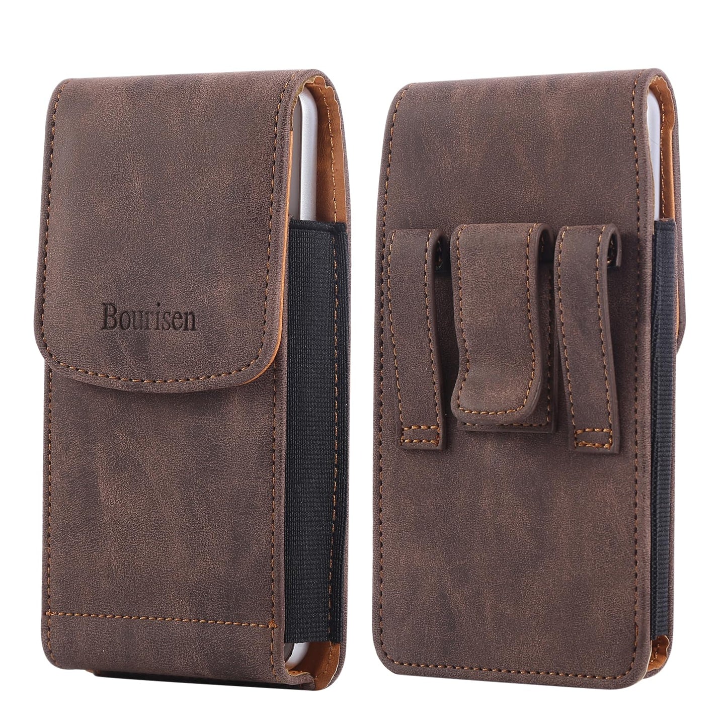 Bourisen Universal Phone Holster Phone Pouch Case Belt Clip Belt Loops Card Slot Faux Leather for Man iPhone 17/16/15pro max,16/15Plus,Samsung S25 24 S23 S22 Ultra (Brown&Yellow, XL(6.6"x3.4"x0.8"))