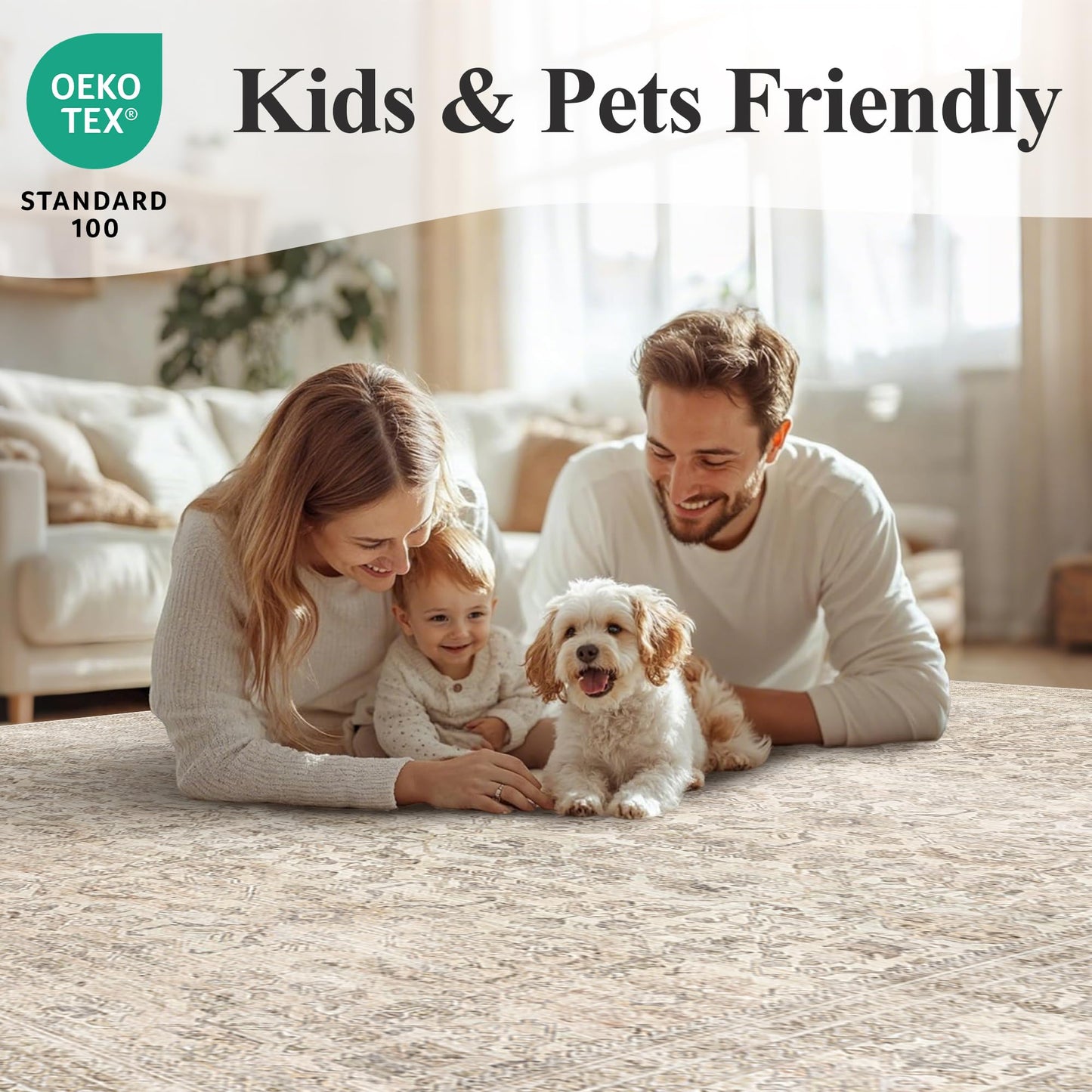 Schweek 9x12 Washable Area Rug Beige Neutral Vintage Distressed Rugs Large Non-Slip Living Room Area Rugs, Soft Low Pile Carpet Indoor Mat Throw Rug for Bedroom Dining Room Office Nursery