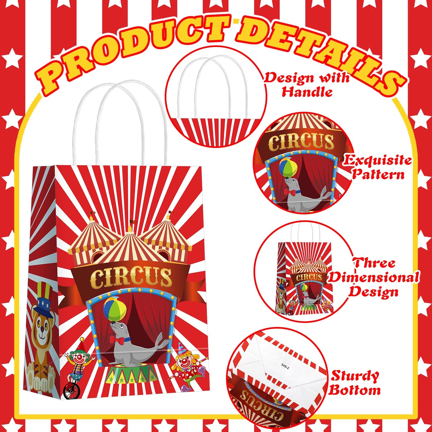 Kolldenn 48 Pcs Carnival Party Favor Bags Circus Gift Goodie Paper Bags with Handles Red White Stripe Circus Treat Candy Pouch for Carnival Party Supplies Birthday Mardi Gras Decorations