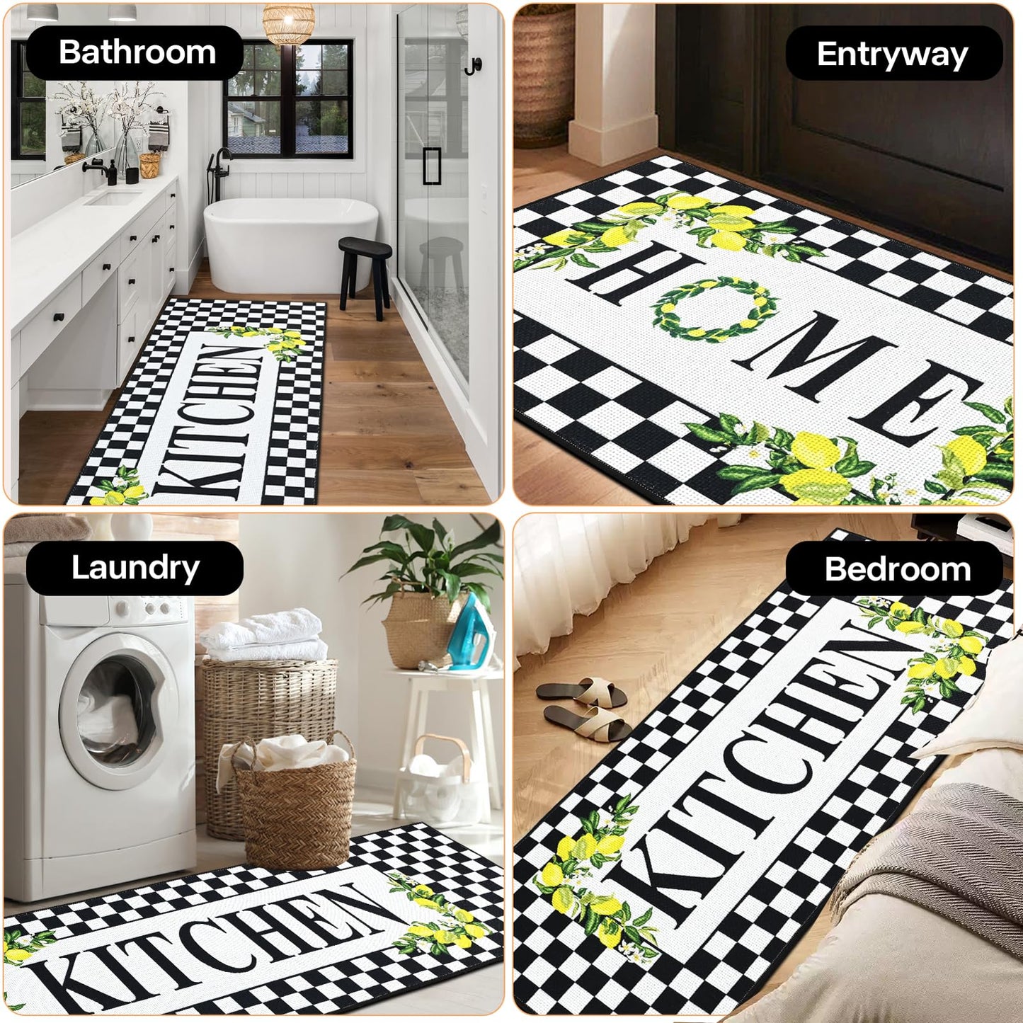PCSWEET HOME Black and White Checkered Kitchen Rugs Washable Non Slip Lemon Kitchen Rugs Set of 3 Checkered Door Mat Indoor