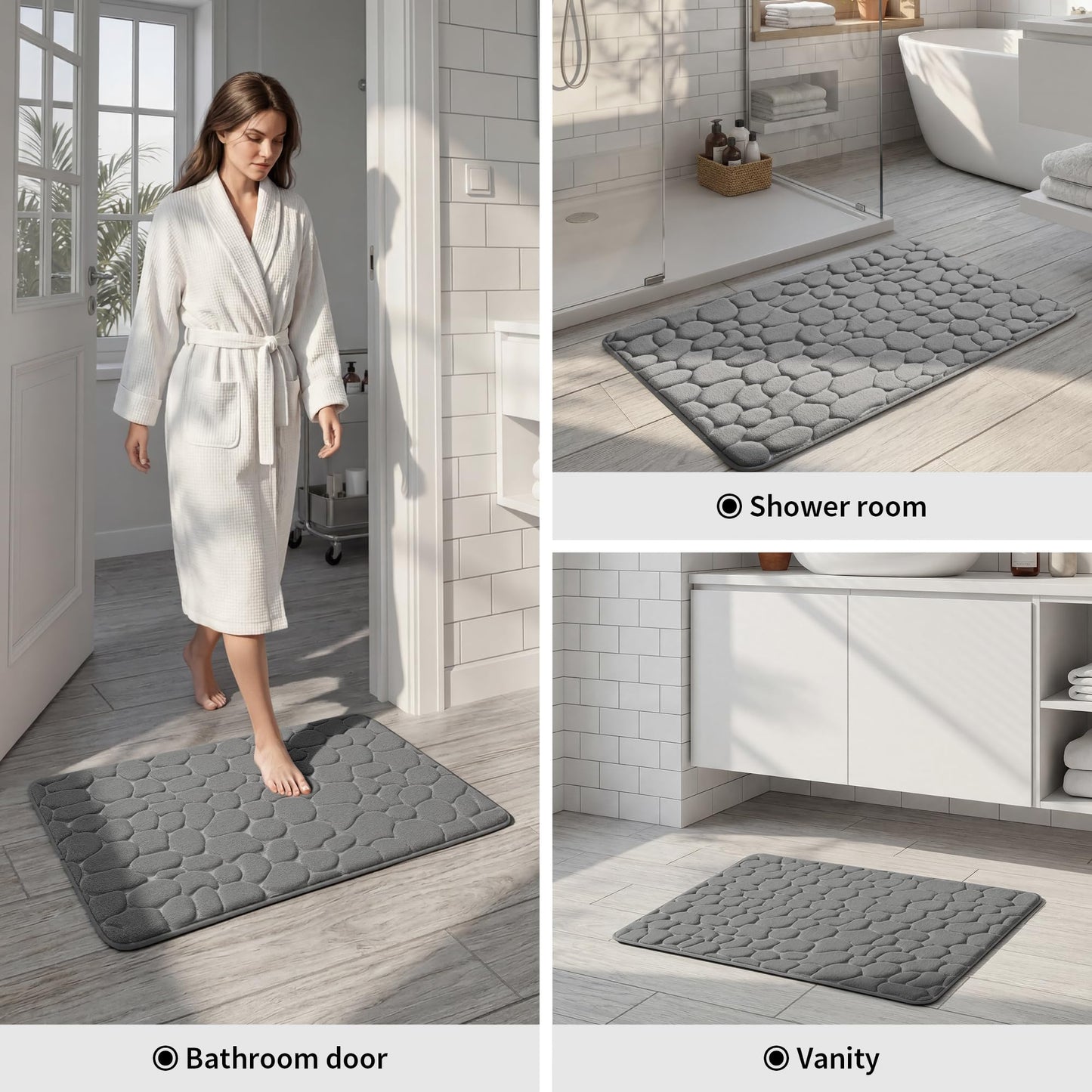 YIHOUSE Memory Foam Cobblestone Rugs Super Water Absorbent Bath Mats for Bathroom Machine Washable Bath Rugs(20x32,Dark Gray)