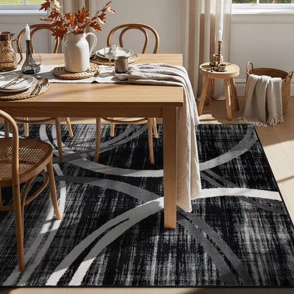 Rugshop Modern Wavy Circles Design Area Rug, Carpet with Jute Backing for Living Room, Bedroom, or Home Office, Black, 5'3" x 7'3"
