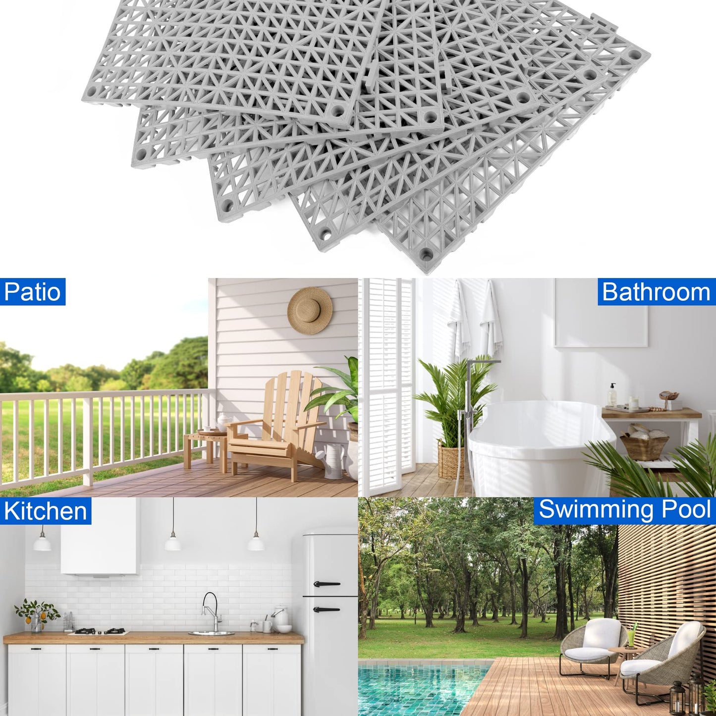 MYFAMIREA Modular Interlocking Cushion 12 Pack 11.8" x 11.8" Rubber Floor Tiles Non-Slip Splicing Drainage Mats for Deck, Pool, Outdoor Shower, Patio, Balcony, Indoor Bathroom, Kitchen, Yard (Gary)