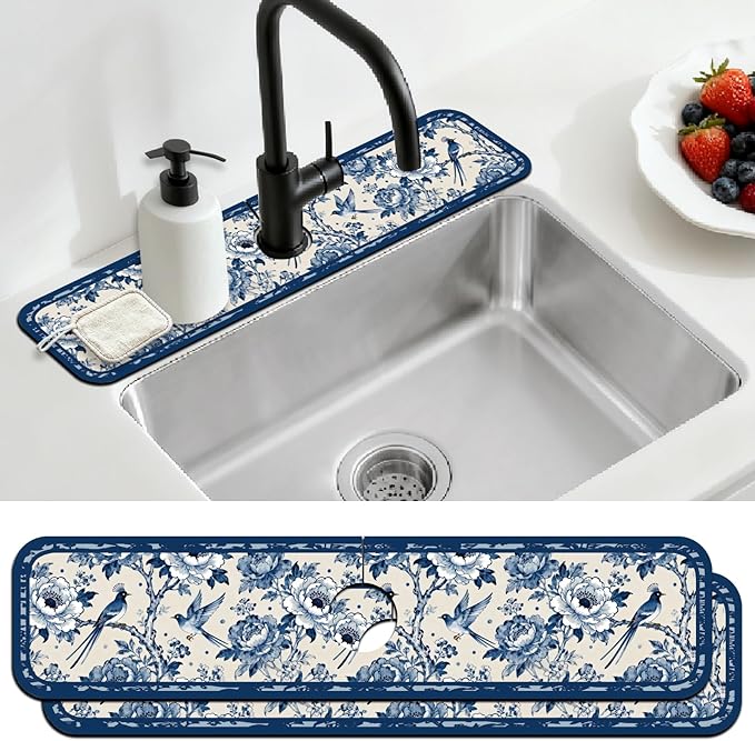 2 Pcs Kitchen Sink Splash Guard Faucet Mats Vintage Porcelain Flowers and Birds