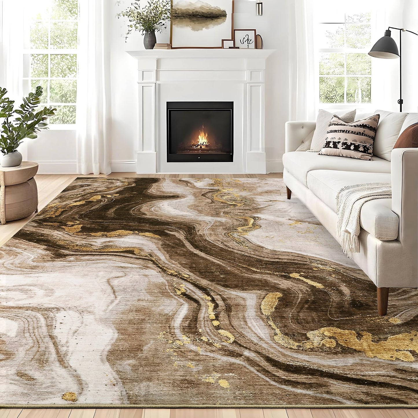 GarveeHome Modern Washable Rugs 5x7 Neutral Abstract Throw Rugs, Non-Slip Abstract Accent Carpet with Marble Swirl Pattern, Stain-Resistant Low Pile Indoor Carpet Rug for Living Room, Bedroom, Brown