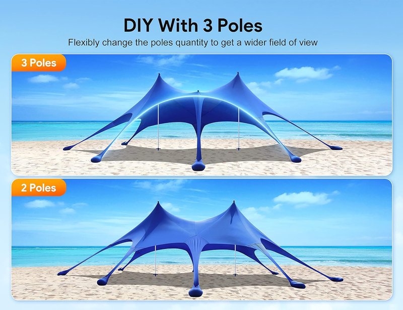 Beach Tent - 20 x 13ft Camping Sun Shelter with UPF50+ Protection | Includes 8 Sandbags, Shovels, Pegs & Stability Poles - Blue