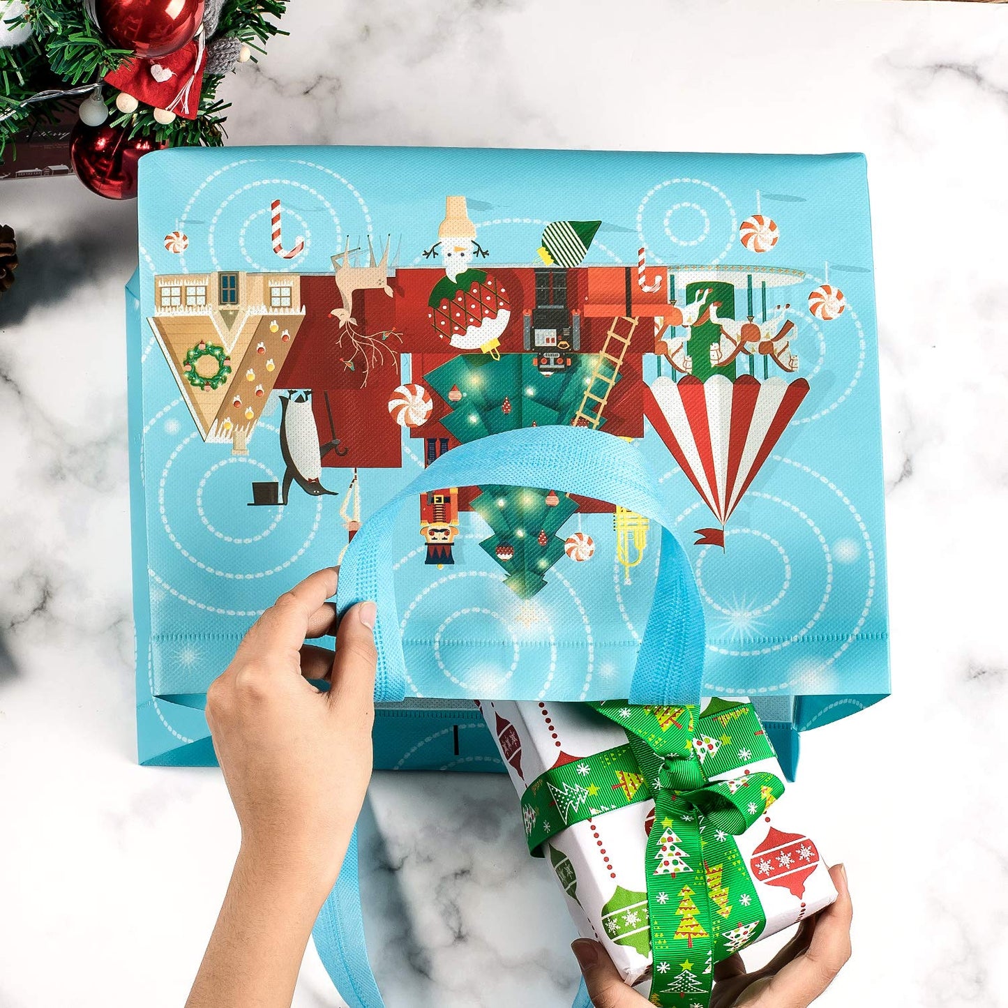 Whaline 12 Pack Large Christmas Gift Bags Reusable Non-Woven Tote Bags with Handles Christmas Grocery Shopping Totes for Holiday Xmas Gifts Party Favors, 12.8" x 9.8" x 6.7