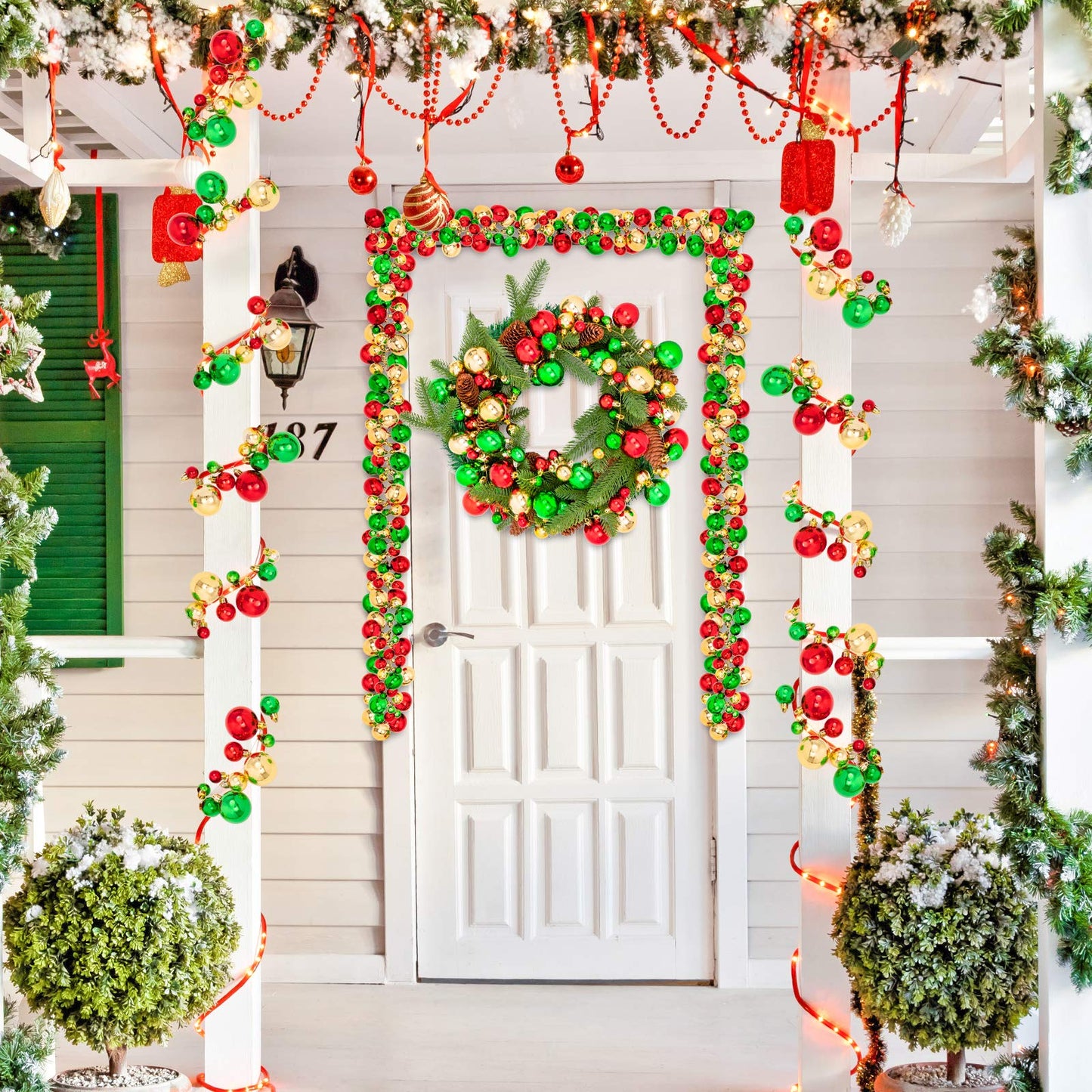 Whaline Christmas Ball Garland Ball Ornament 6ft Bauble Garland Christmas Tree Ball Decoration Shatterproof Ball Ornaments for Xmas Party Supplies, Indoor Outdoor Home Office, Red Green Gold