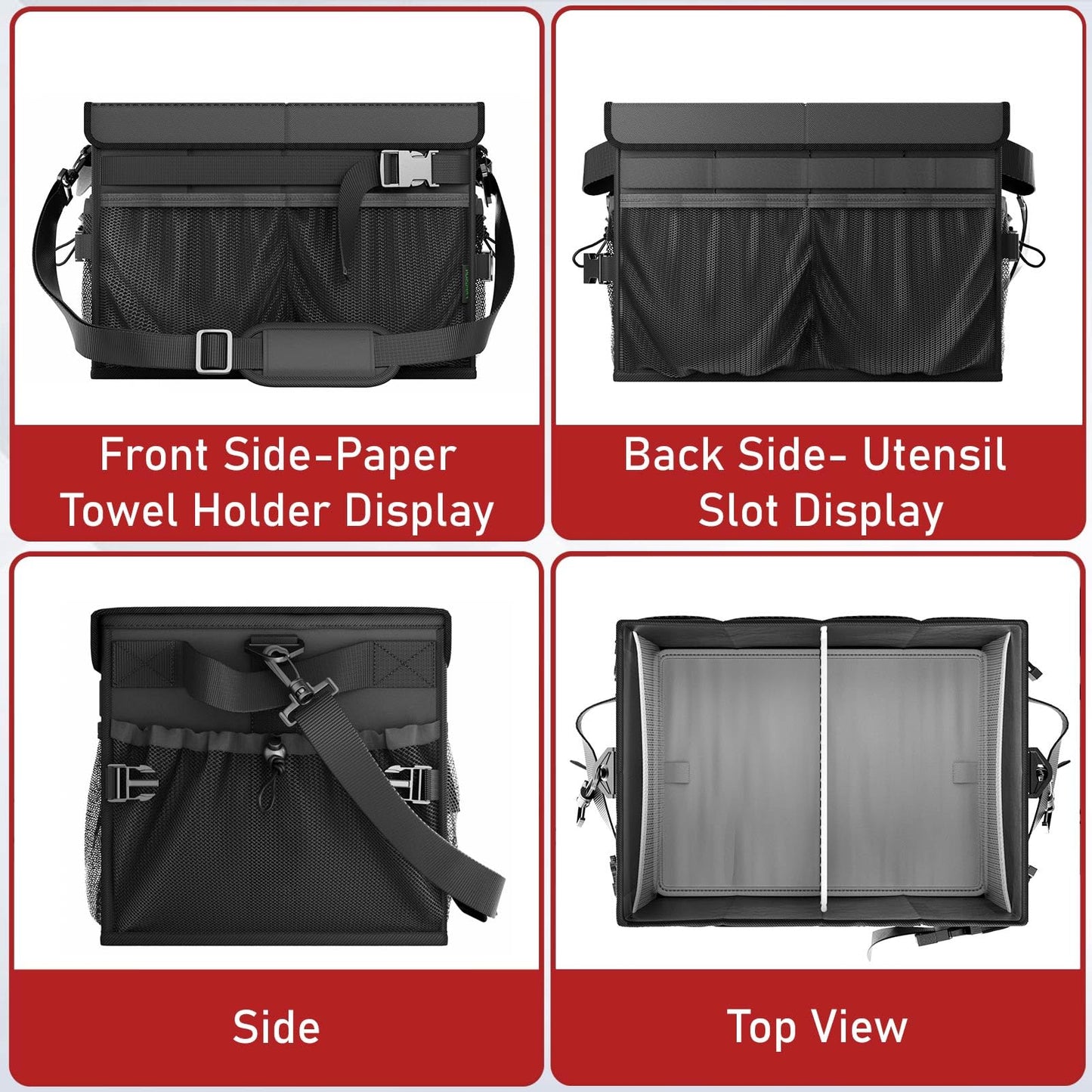 FANGSUN Black Grill Caddy, BBQ Organizer with Lid & Paper Towel Holder, Picnic Griddle Caddy for Outdoor Camping, Barbecue Accessories Organizer, 32L Capacity, Black