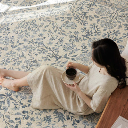 jinchan Zenith Floral 5x7 Area Rug Soft Low-Pile Living Room Rug Machine Washable Non-Slip Vintage Botanical Aesthetic Throw Carpet for Bedroom Dining Room Nursery Blue/Cream