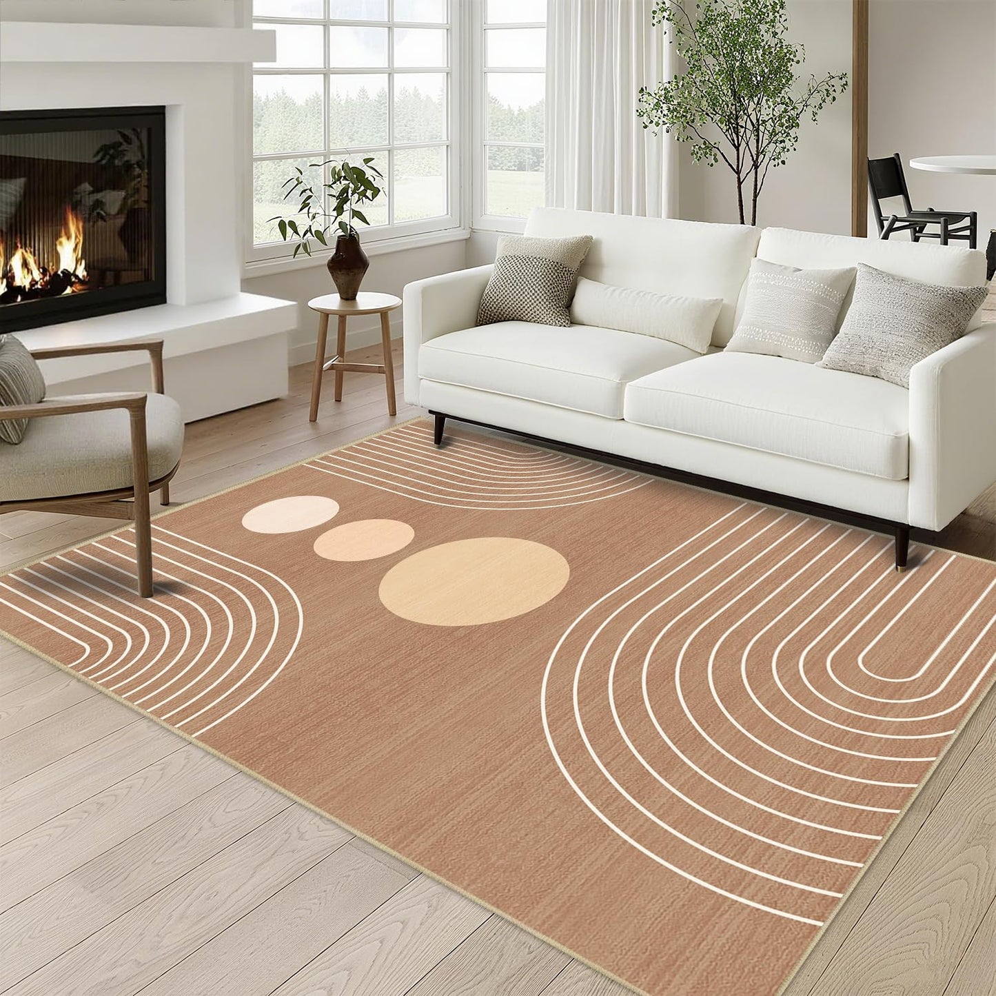 Boho Rug 3x5 Modern Geometric Minimalist Abstract Line Area Rug for Entryway Living Room Brown Mid Century Modern Machine Washable Non-Slip Printed Low-Pile Floor Carpet for Kitchen Bedroom Brown