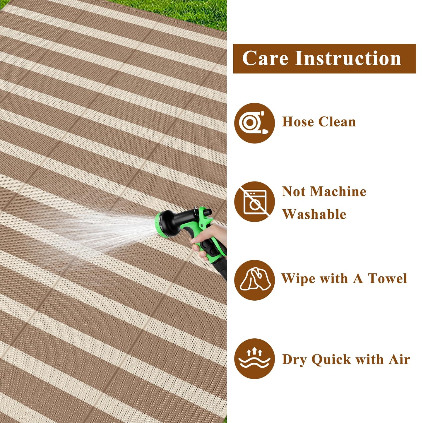 Vaukki Waterproof Outdoor Rug 5x8, Reversible Striped Patio Rug, Lightweight Plastic Straw Camping Mat, Indoor Outdoor RV Carpet for Outsides, Patio, Camping, Balcony, RV and Deck, Brown and Beige