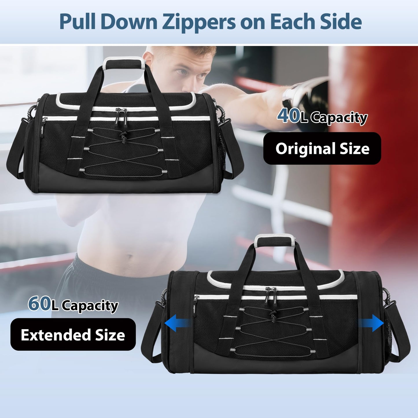 DSLEAF Boxing Gym Bag with Shoe Space and Expanded Design, Boxing Duffle Bag with Ventilated Mesh for All Gear, Suitable for MMA, BJJ, Kickboxing, Muay Thai and Other Combat Sports