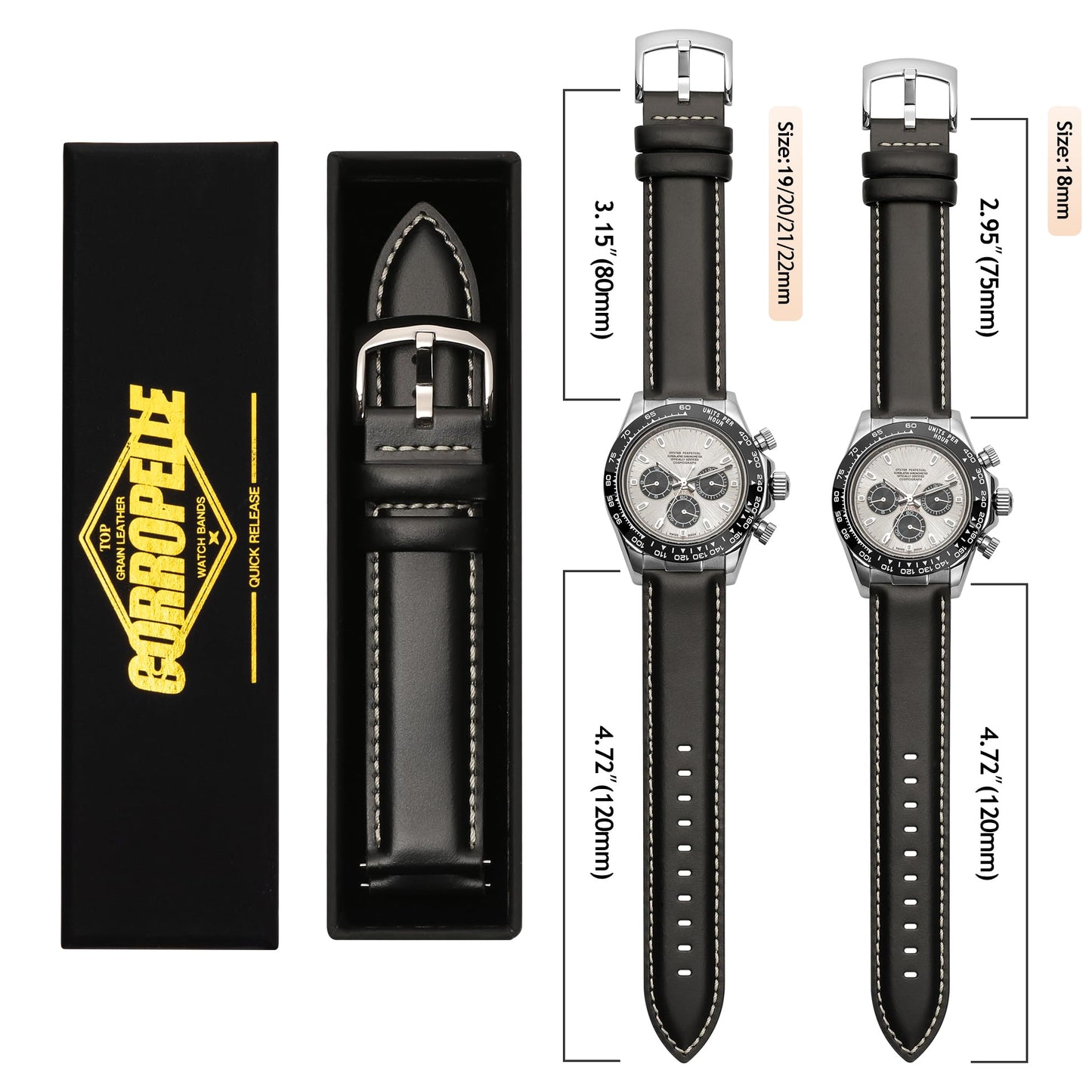 CORROPELLE Leather Watch Bands Quick Release, Elegant Top Grain Leather Watch Straps Band Replacement for Men and Women, Watch and Smartwatch, Choice of Width 18mm 19mm 20mm 21mm 22mm