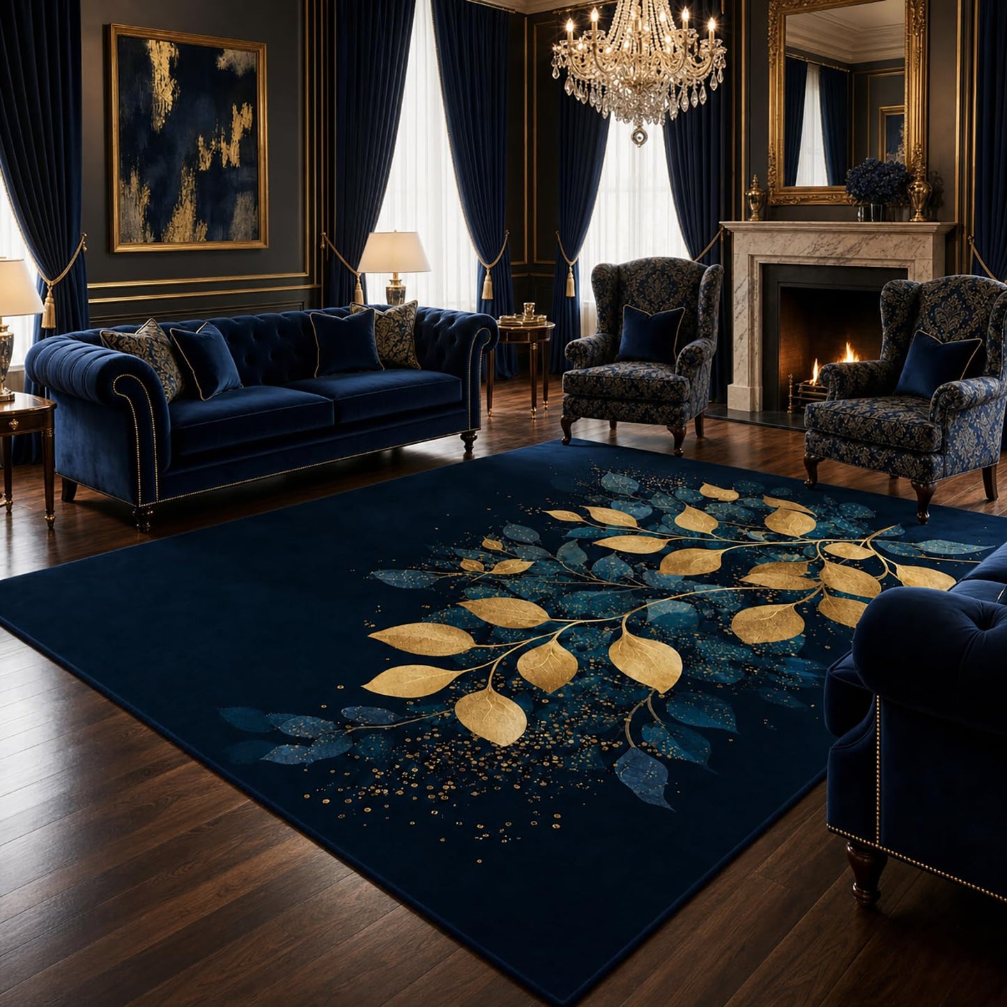 AQQA Quiet Luxury Abstract Leaves Area Rug - Navy & Gold Foil Texture Art Carpet - Machine Washable Faux Cashmere Rug - Non-Slip Decorative Floor Mat for High-End Home Decor