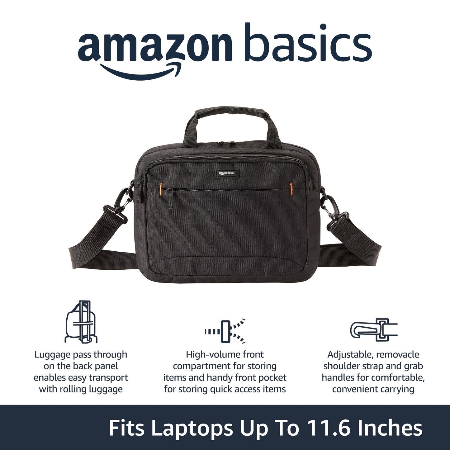Amazon Basics 11.6 inch Laptop Bag with Shoulder Strap and Handle, Briefcase with Large Capacity Compartments for Tablets and Accessories, Black, 1-Pack