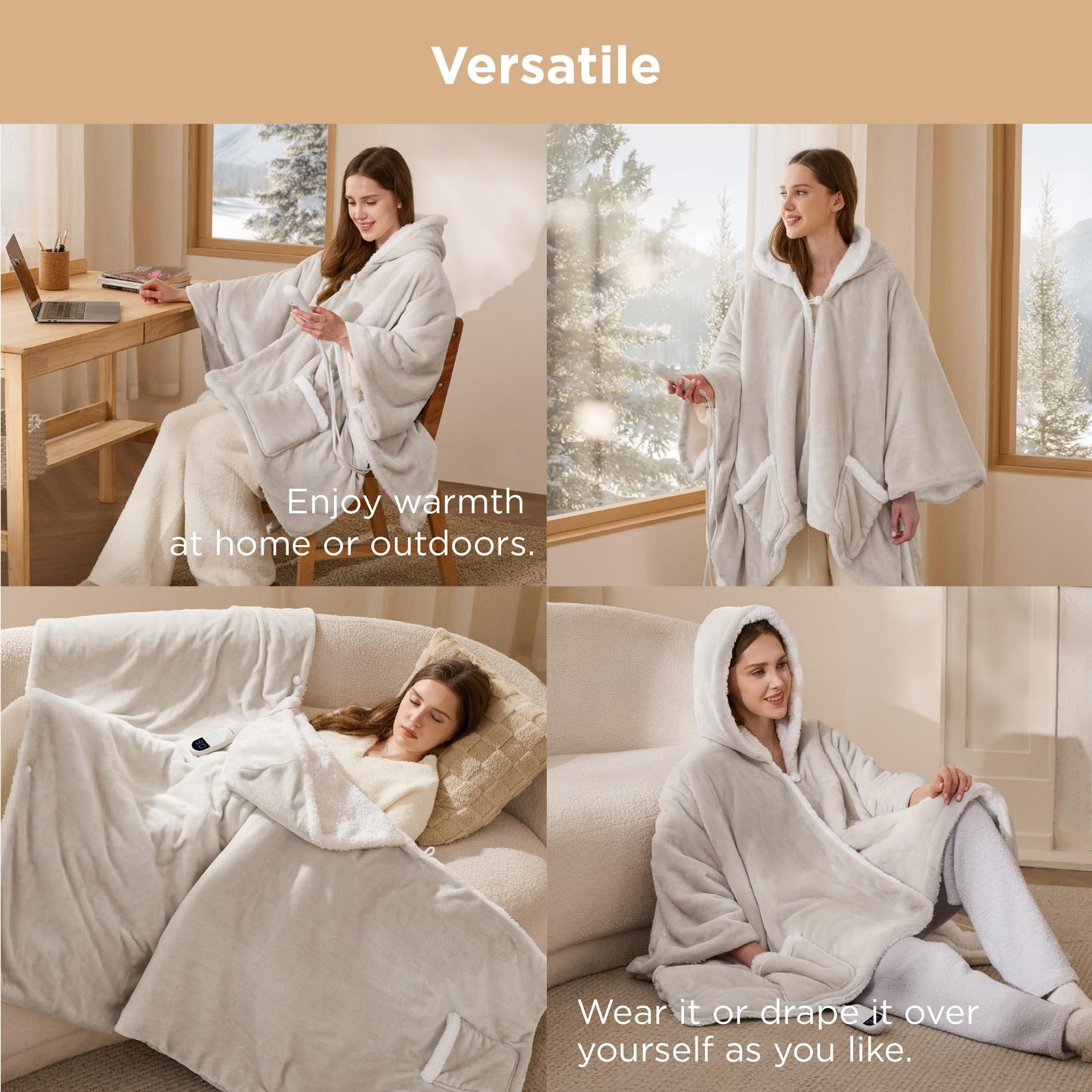Bedsure Heated Blanket Wearable Shawl - Electric Wrap Poncho Blanket Hoodie for Adult, Birthday Gifts for Mom Women, Sherpa Heating Throw with 4 Time Settings & 6 Heat Settings, 55x64 inches, Grey